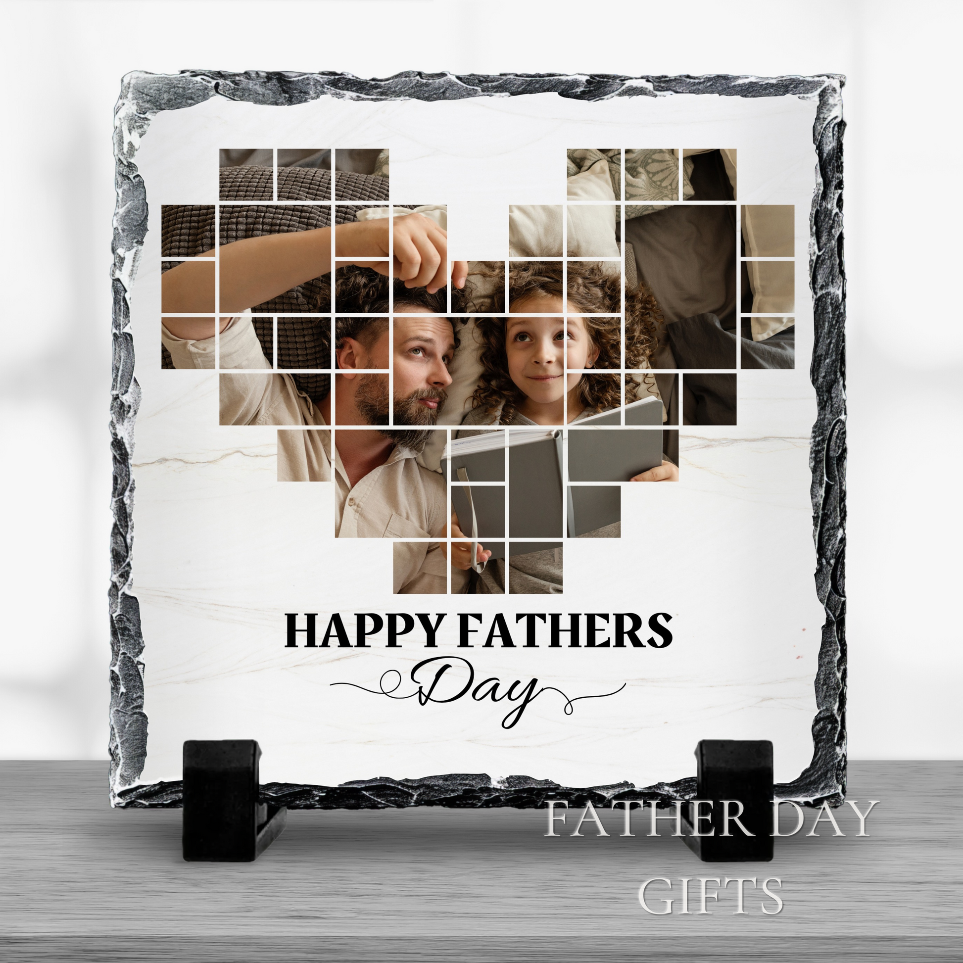 A heart-shaped photo collage featuring a man and a young girl, with the text "Happy Fathers Day" and "Father Day Gifts" displayed.