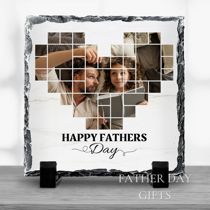 A heart-shaped photo collage featuring a man and a young girl, with the text "Happy Fathers Day" and "Father Day Gifts" displayed.