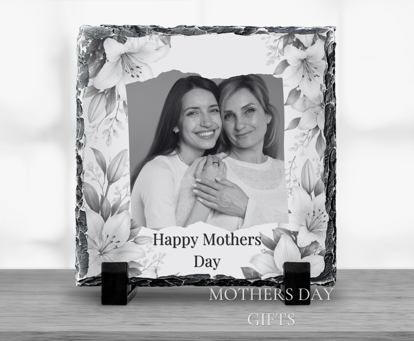 Happy Mothers Day Image Slate Pink & White Lillies Border 20x20cm Glossy