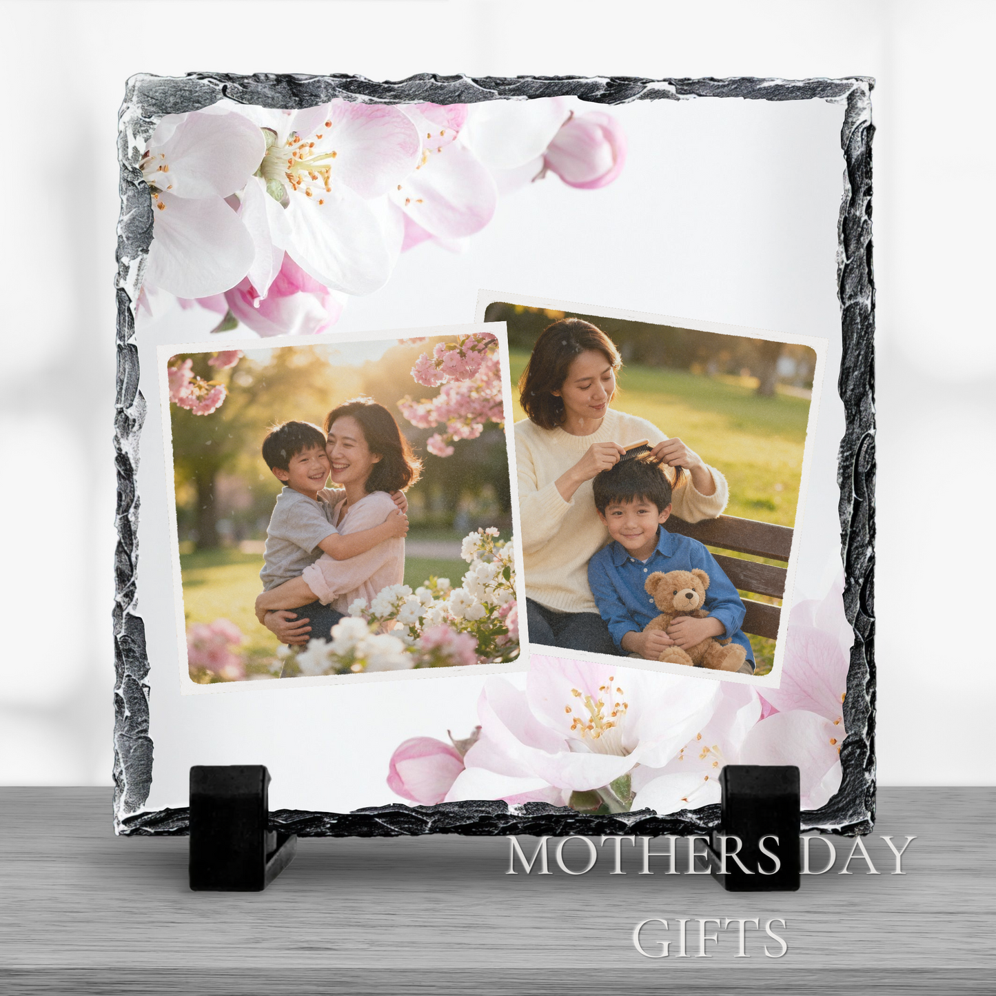 2 Image Pink & White Lillies Border Slate Design 20x20cm Glossy