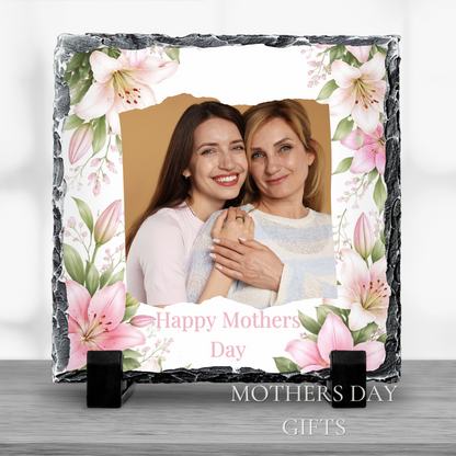 Happy Mothers Day Image Slate Pink & White Lillies Border 20x20cm Glossy