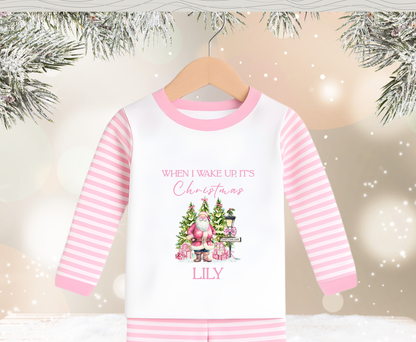 Personalised Pink Santa Stripe When I Wake Up, It's Christmas Kids Pyjamas - Pre Order