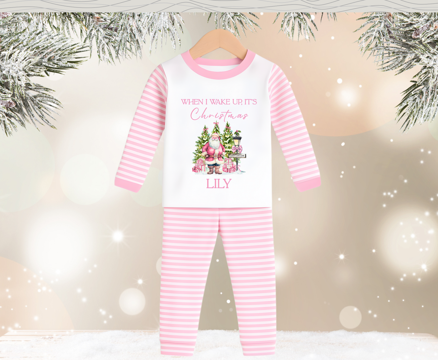 Personalised Pink Santa Stripe When I Wake Up, It's Christmas Kids Pyjamas - Pre Order