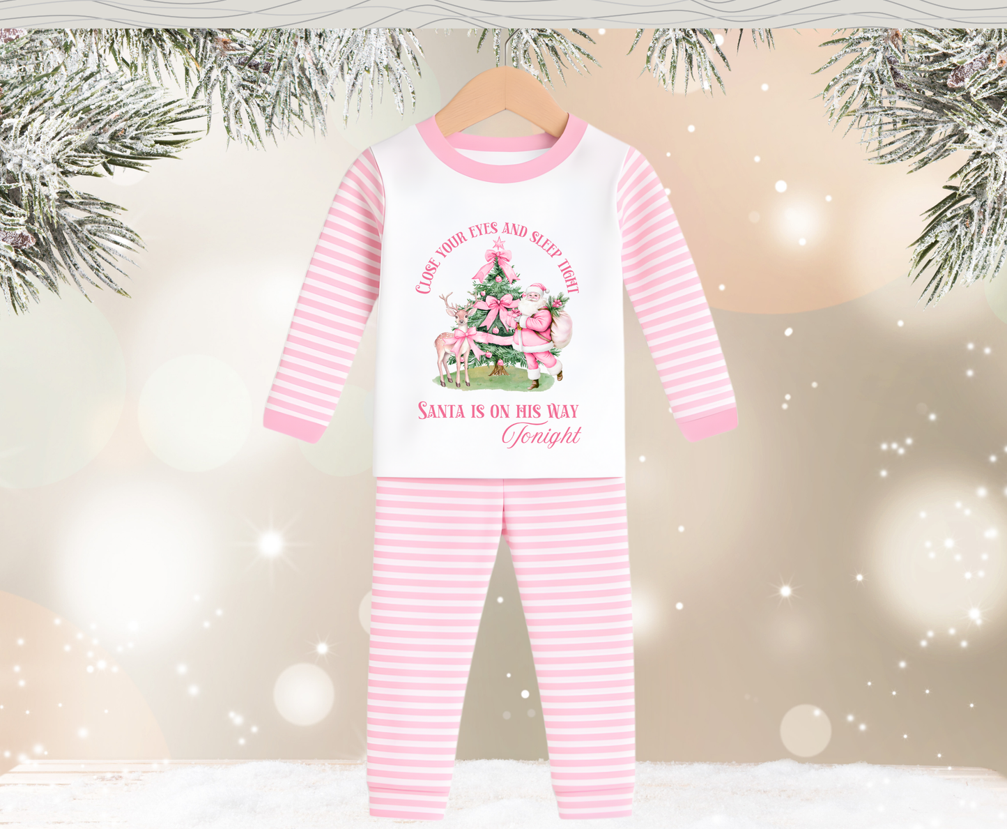 Pink Stripe Santa Is On His Way Tonight Kids Pyjamas - Pre Order