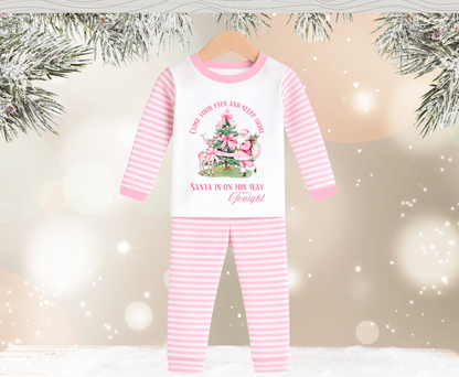 Pink Stripe Santa Is On His Way Tonight Kids Pyjamas - Pre Order