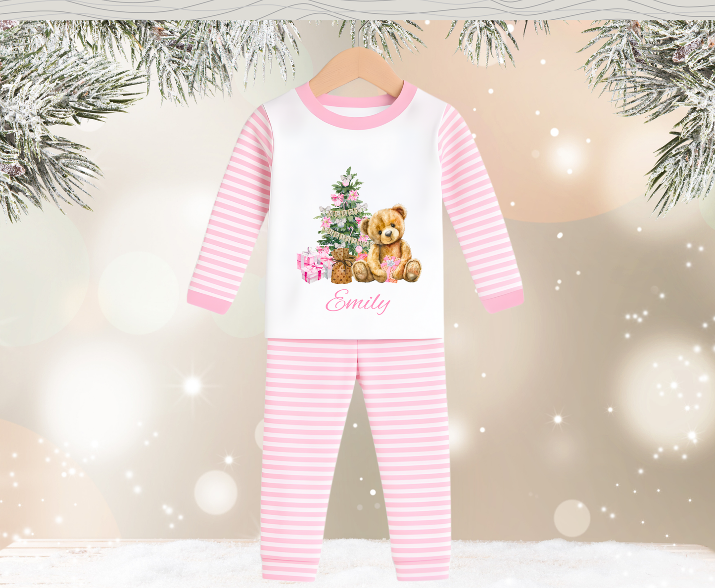 Personalised Pink Teddy Bear Stripe Kids Pyjamas - Pre Order