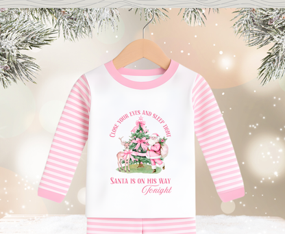 Pink Stripe Santa Is On His Way Tonight Kids Pyjamas - Pre Order