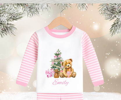 Personalised Pink Teddy Bear Stripe Kids Pyjamas - Pre Order