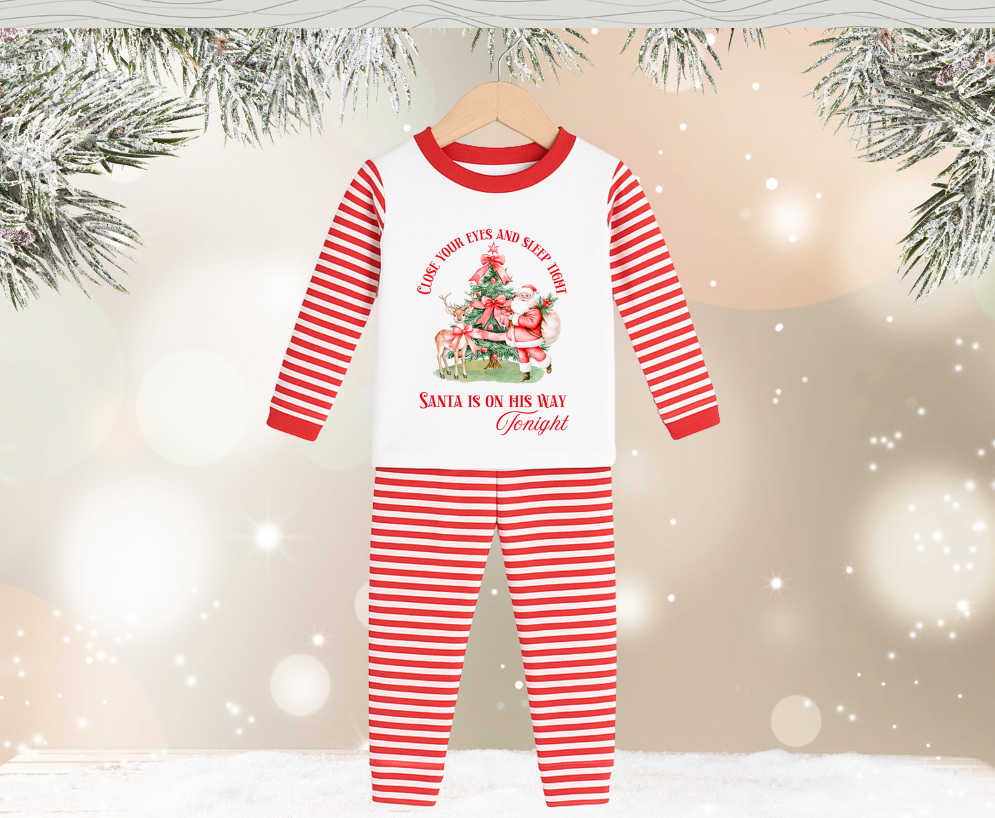 Red Stripe Santa Is On His Way Tonight Kids Pyjamas - Pre Order