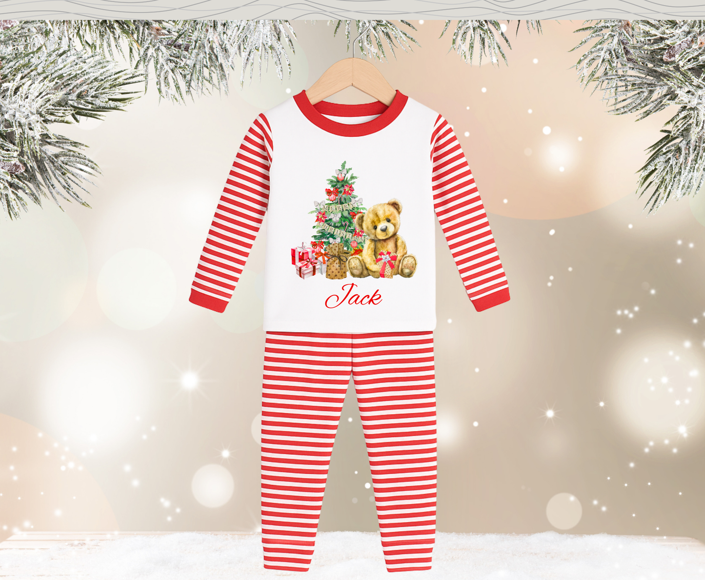 Personalised Red Teddy Bear Stripe Kids Pyjamas - Pre Order
