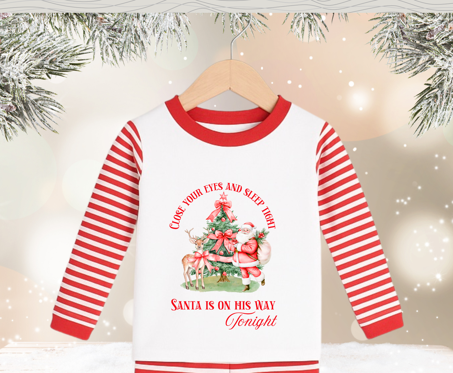 Red Stripe Santa Is On His Way Tonight Kids Pyjamas - Pre Order