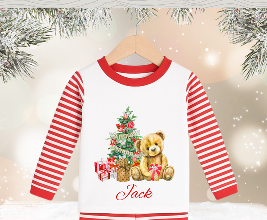 Personalised Red Teddy Bear Stripe Kids Pyjamas - Pre Order